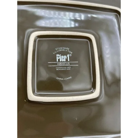 Pier 1 Hibiscus Square Plate Brown Turquois Dinner Discontinued Pattern Set of 4 - Picture 4 of 8